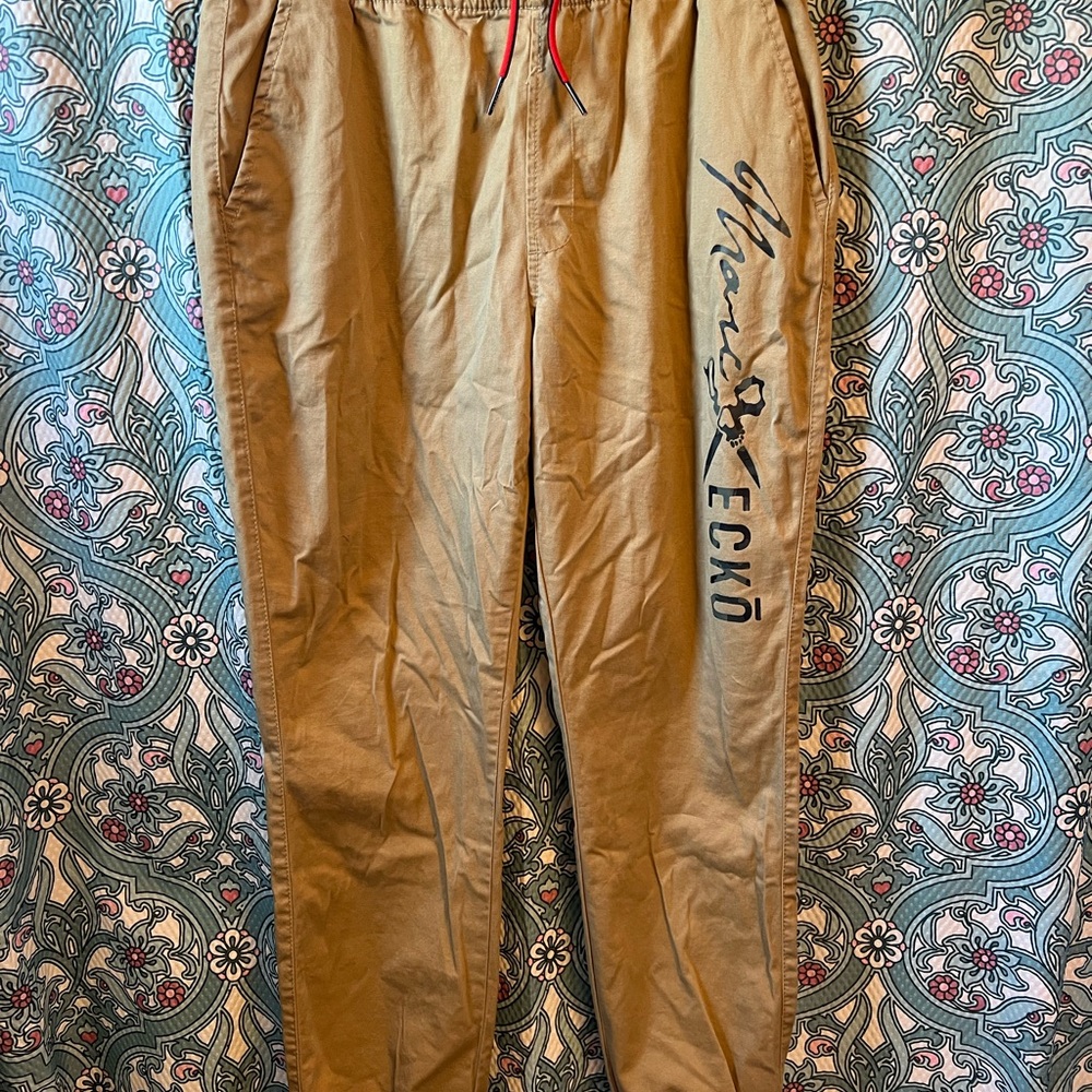 Marc Ecko Tan Jogger Sweatpants with Black Script and Red Drawstring